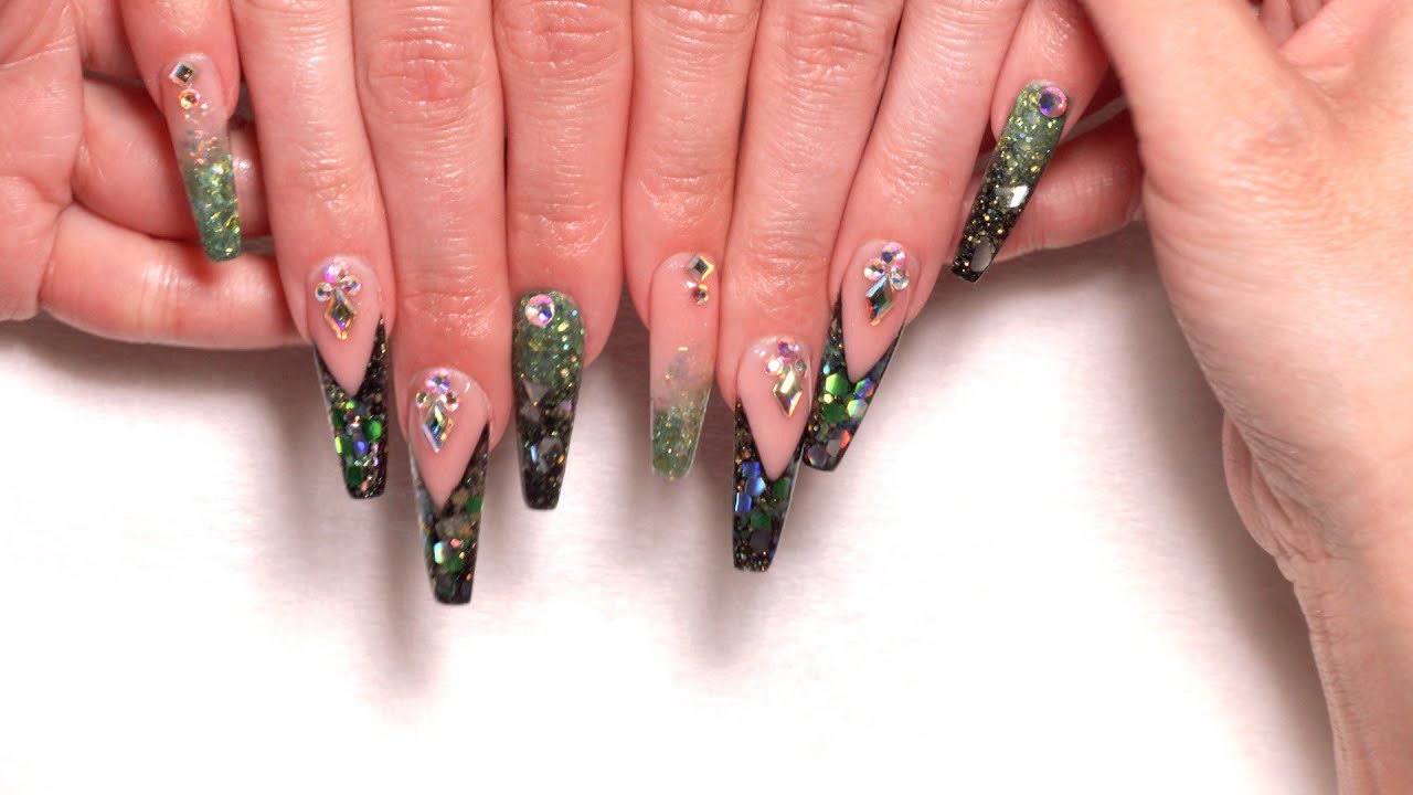 Acrylic Nails| V French| Encapsulated with Glitters