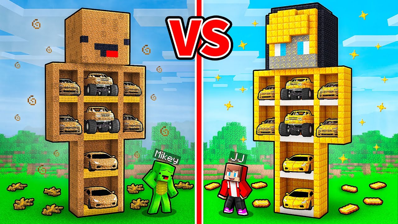 Джей-Джей и Майки: битва статуй в гараже «БЕДНЫЙ против БОГАТОГО» в Minecraft — Maizen