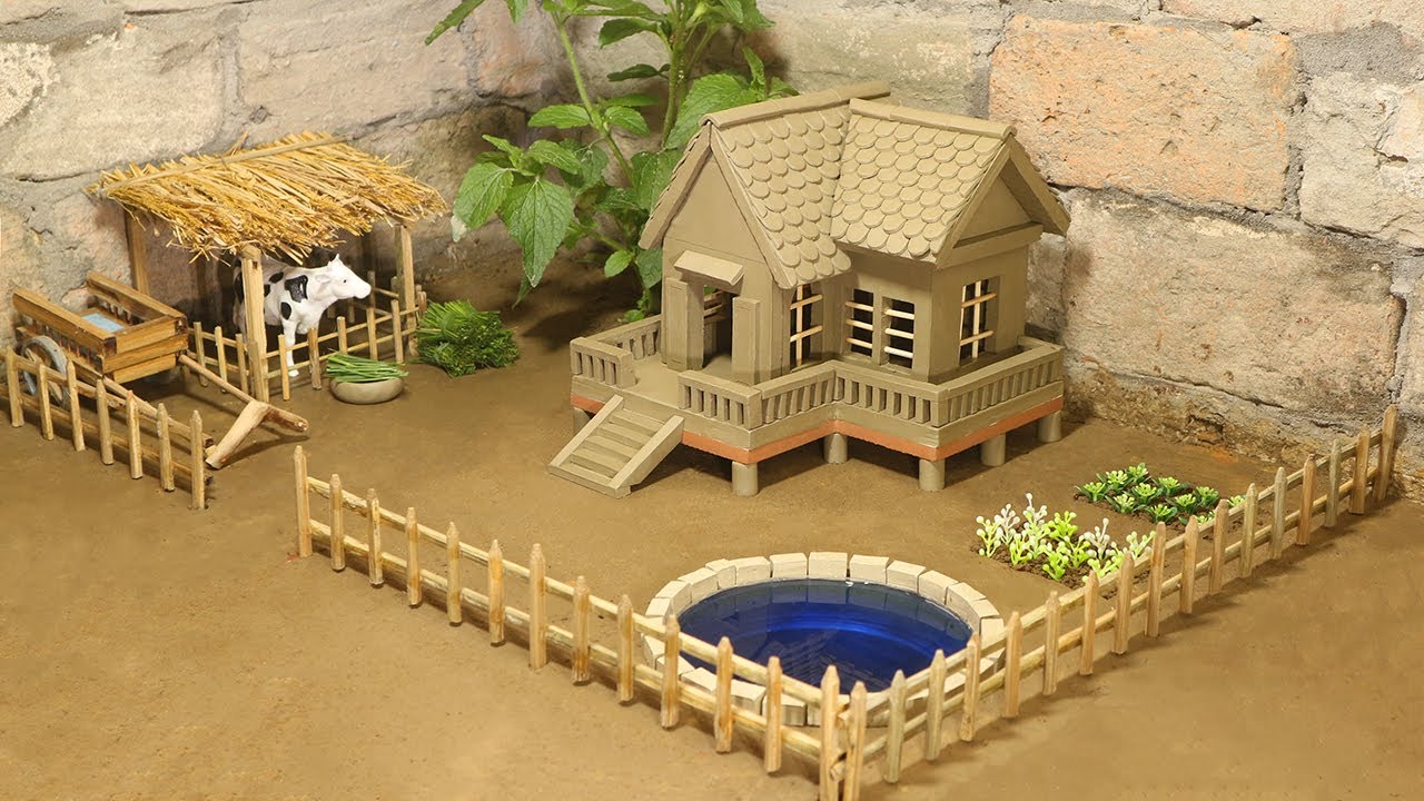 Clay House with round fish pond and animal house, ox cart | Build Miniature House