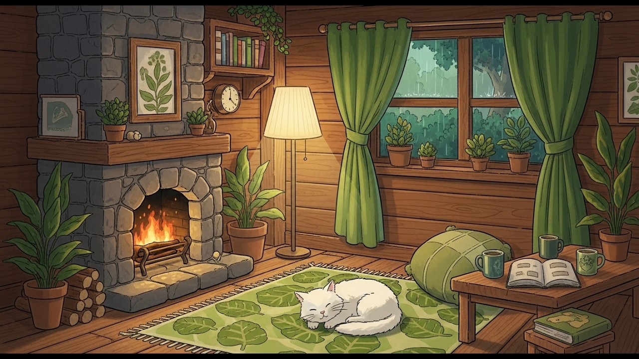 Cozy Rainy Evening by the Fireplace 🐾🔥 | Calm Lofi Beats for Study, Reading & Relax