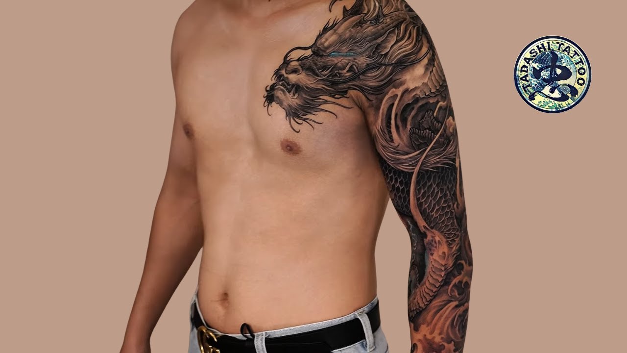 Freehand Style - Dragon Tattoo in shoulder full sleeve - Sketch and Ink from draft to realistic
