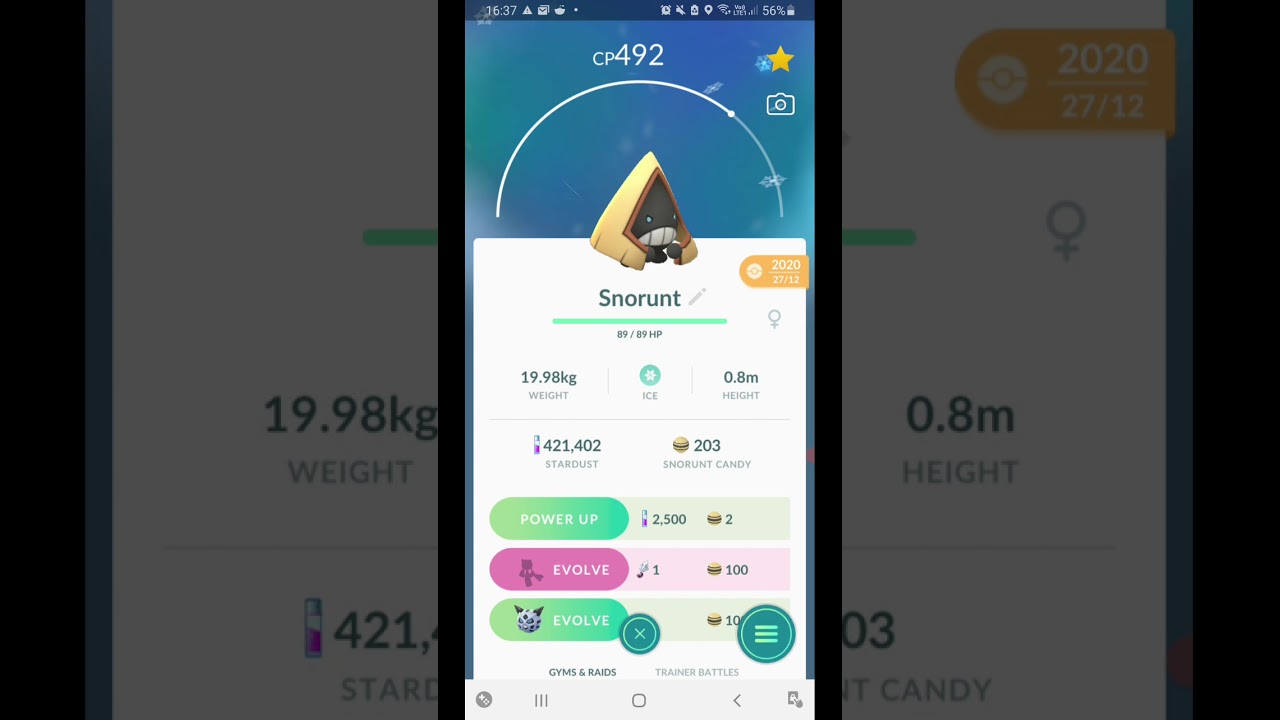 Evolution of Snorunt into Frolass; Pokemon Go Sinnoh Stone