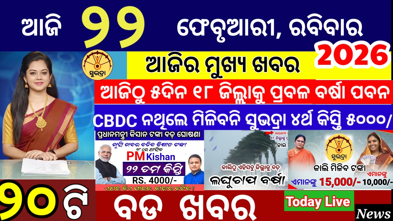 today's morning news odisha/22 February 2026/subhadra yojana online apply process/ odisha news today