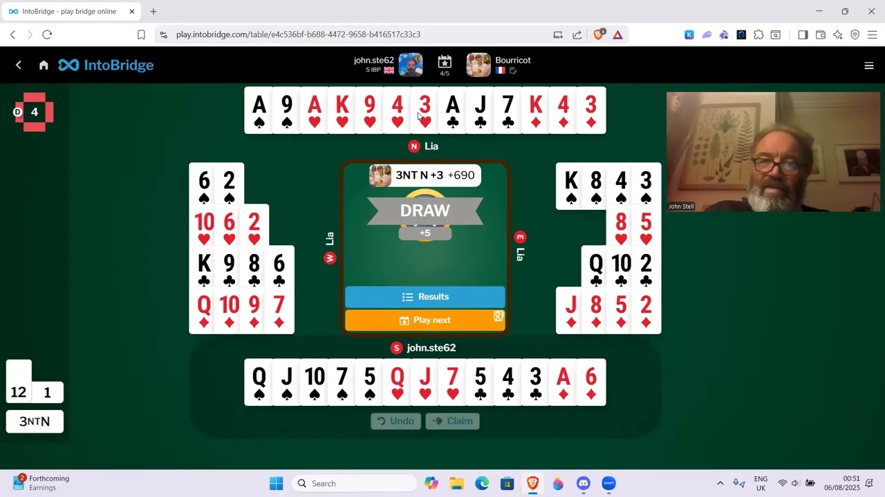 5 hands against a top bridge player (Luc Bellicaud) - 5th August 2025