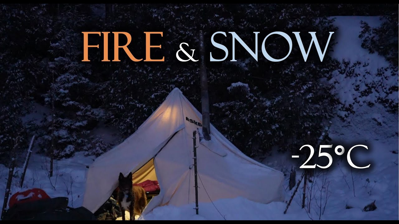 Hot tent camping in a blizzard - Catch and cook over an open fire