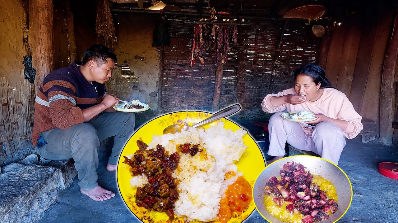 Buff dry Sukuti Curry & rice in Shelter II Husband wife enjoying meal together@AloneAdhirajnepal