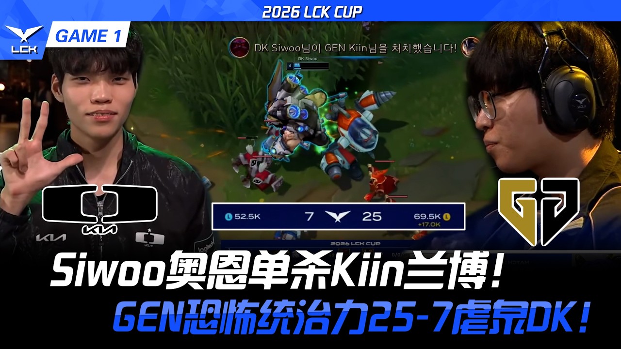 DK vs GEN Siwoo鄂爾單殺Kiin藍寶！GEN恐怖統治力25-7製裁DK！！2026 LCK CUP- GAME 1