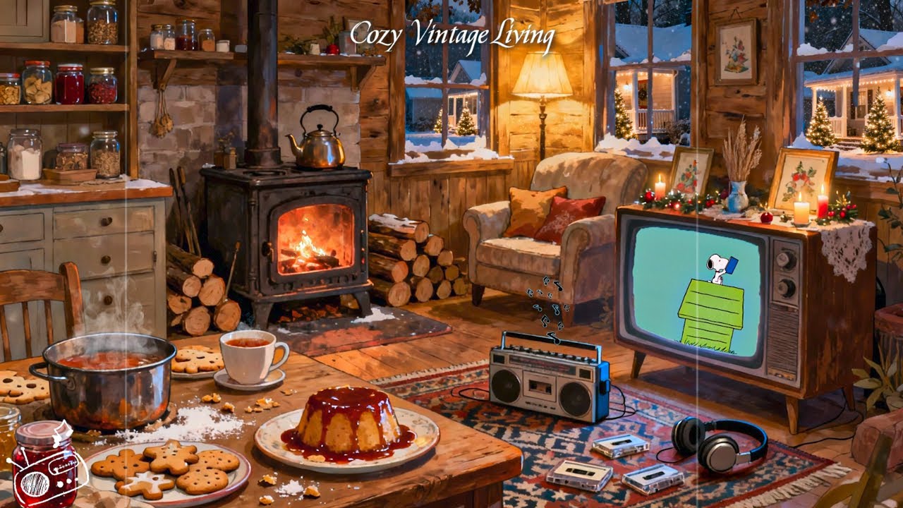 A cozy winter night in a 1950s living room  vintage jazz playing at home for relaxation