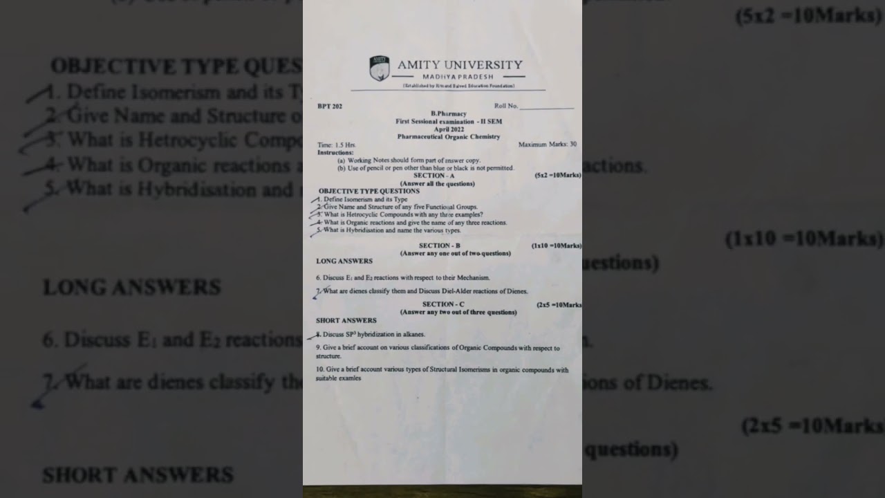 B Pharmacy 2nd semester question papers poc || 2022 ||Amity University Gwalior #shorts #short