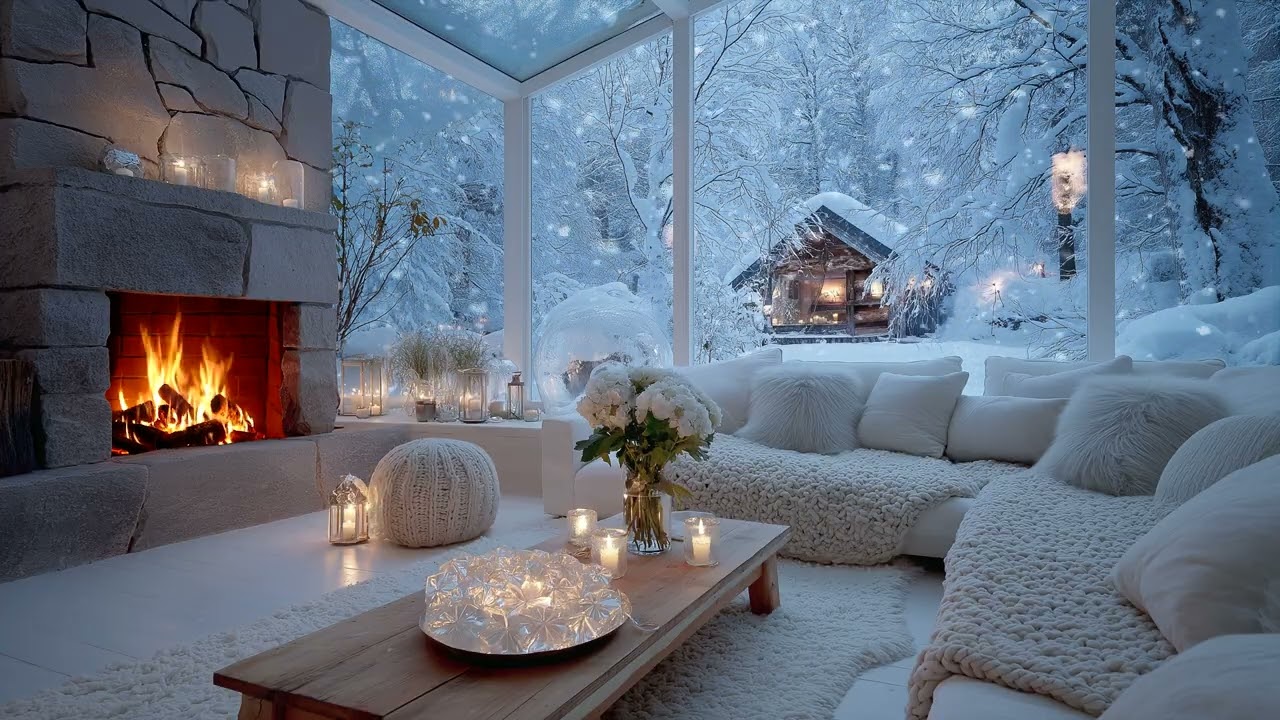 🎹🎶 4 HOURS peaceful winter lounge piano | Warm fire & snowfall for focused study, work & reading