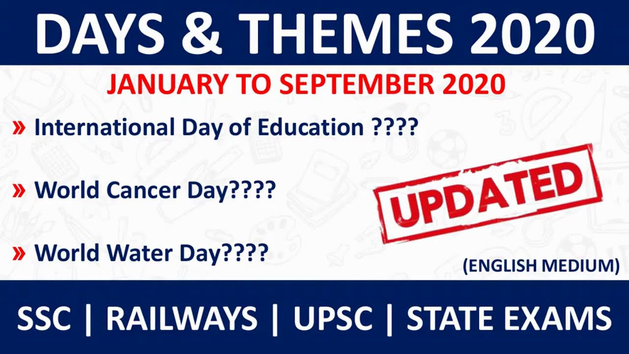 Important Days and Themes 2020 | January to September 2020 | Important for all exams.