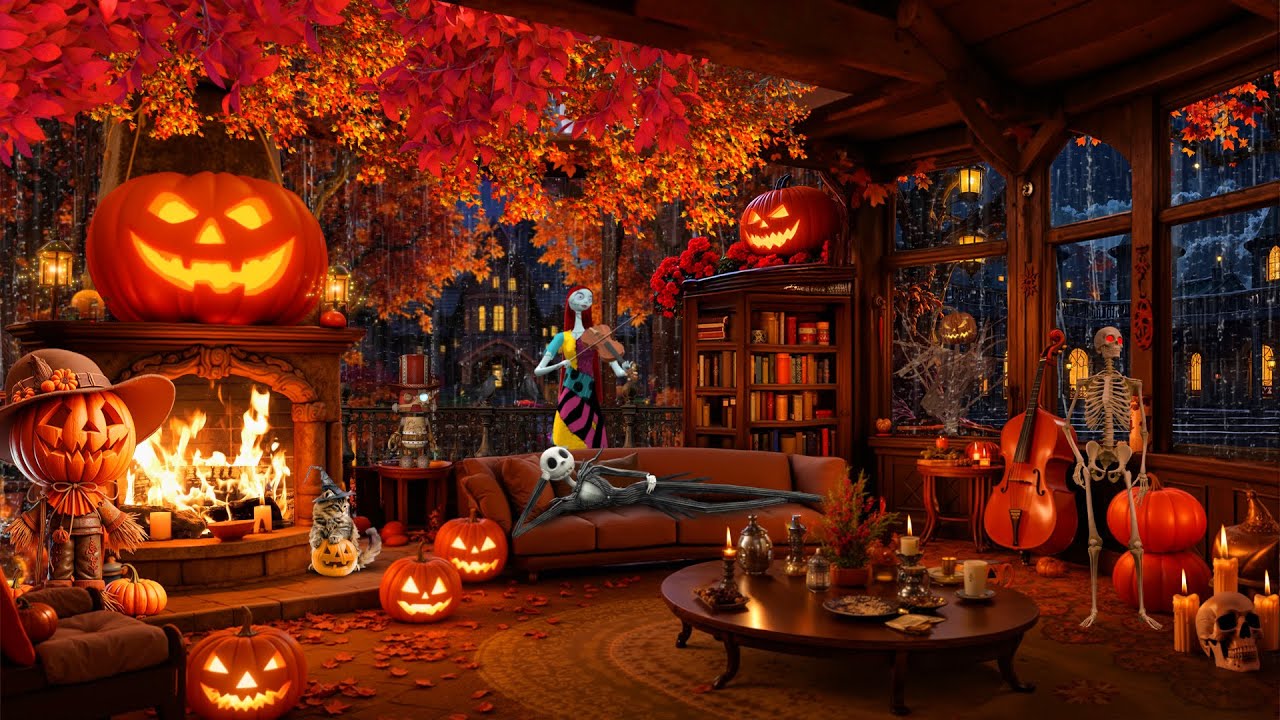 Spooky Fall Night: Relaxing Halloween Jazz & Creepy Coffee Shop Ambience 🎃