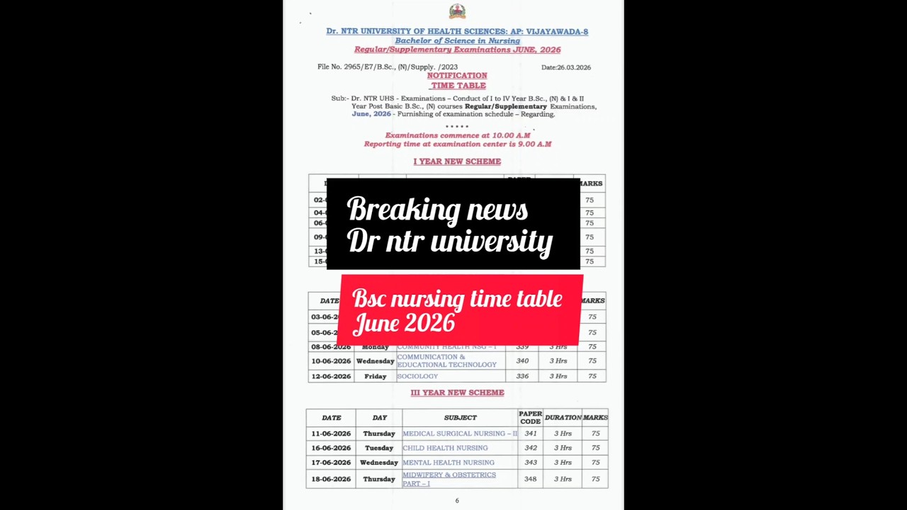Bsc nursing exam time table/june 2026/dr ntr university