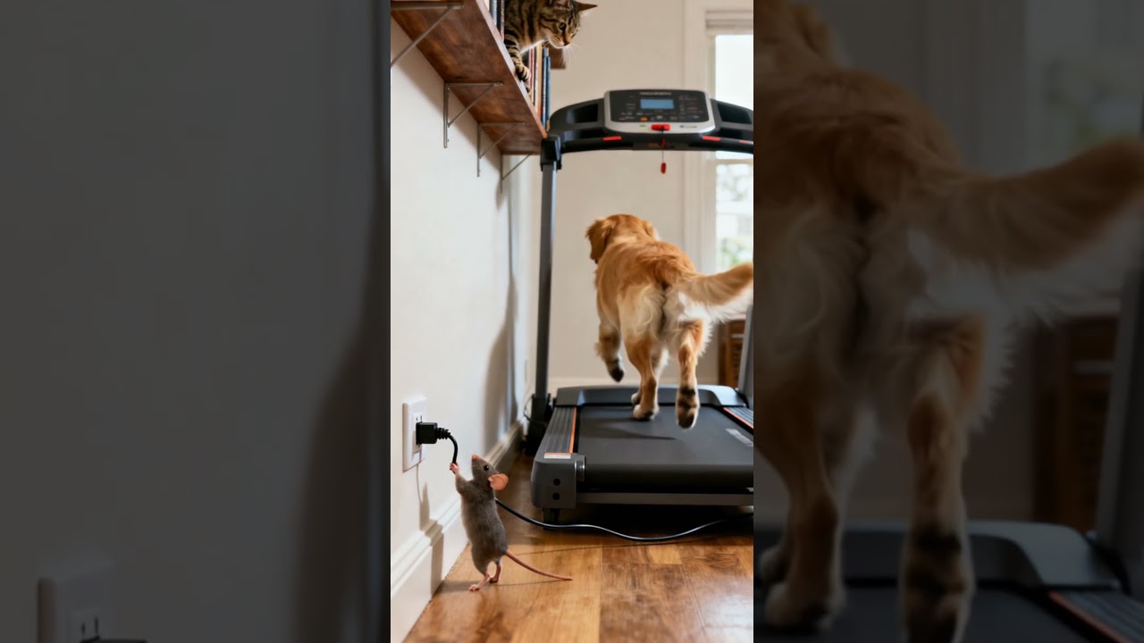Dog Running on Treadmill, Mouse Pulls the Plug, and Cat Watches in Secret 😂🐶🐭🐱 #cat #tiggycat #funny