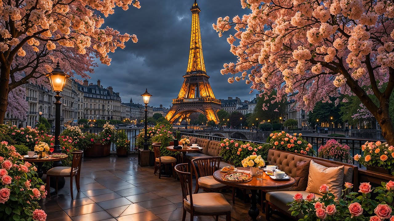 Paris Blossom Night Caf&eacute; Jazz ☕ Sweet Jazz Music & Outdoor Bossa Nova for Reading, Focus & Calm