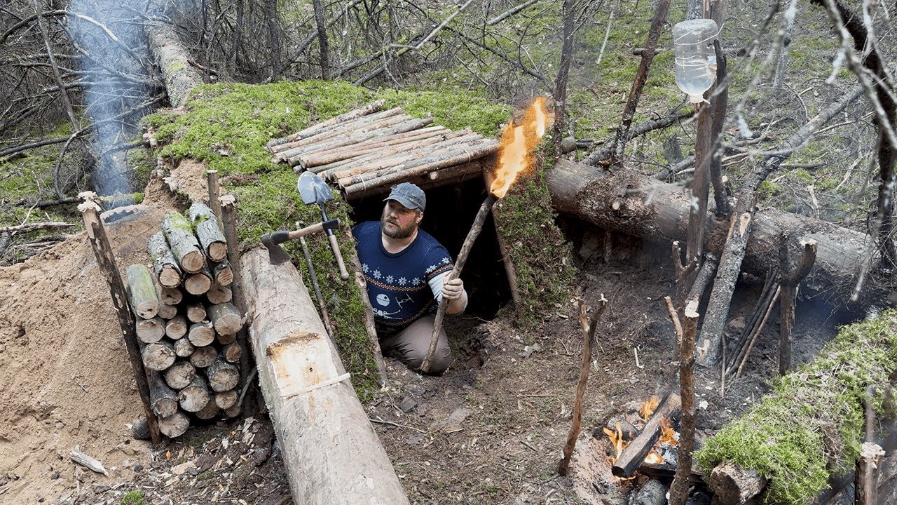 MAN BUILT UNDERGROUND SHELTER UNDER FALLEN TREES AND GOT ​​WATER FROM TREE. SOLO SURVIVAL. ASMR