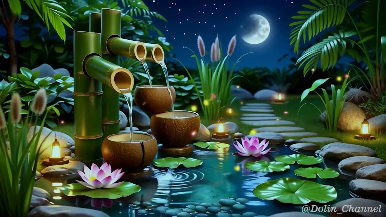 Serene Bamboo Fountain Ambience 🌙 Fireflies & Night Garden Sounds