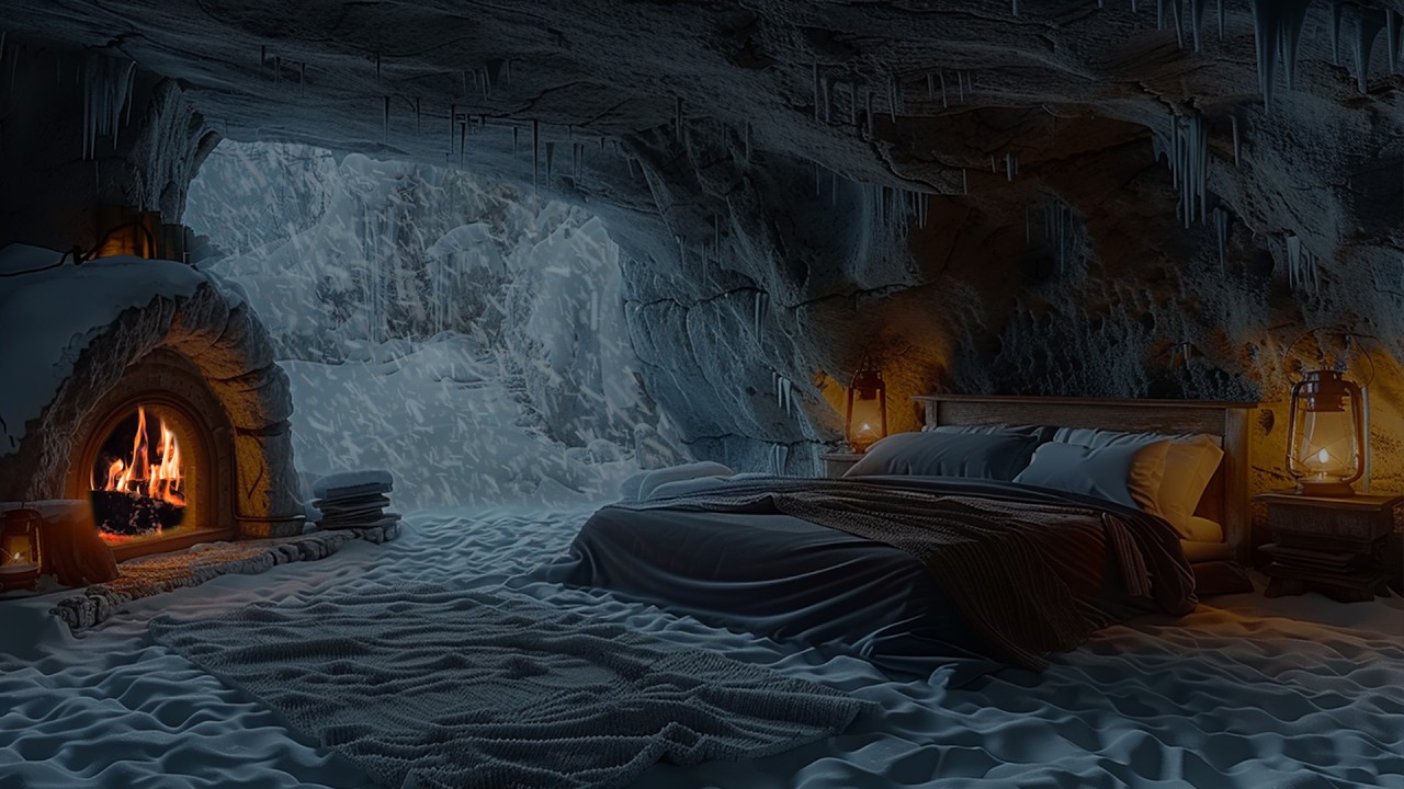 Alone in Snowstorm Cave❄️Mysterious Winter Hideout with ASMR Fireplace & Howling Wind for Deep Sleep