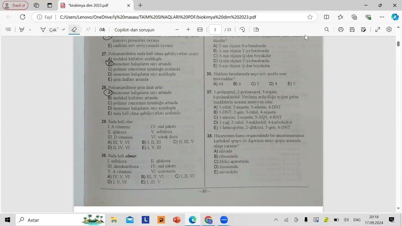 DİM 2023 BİOLOGİYA. BİOKİMYA. HÜCEYRƏNİN QEYRİ-ÜZVİ VƏ ÜZVİ TƏRKİBİ. BİOPOLİMERLƏR. 1-50 TEST İZAHI