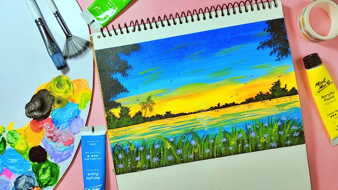 Sunset in nature painting with acrylic colour || Easy painting for beginner's..Nature..Esha's Art's