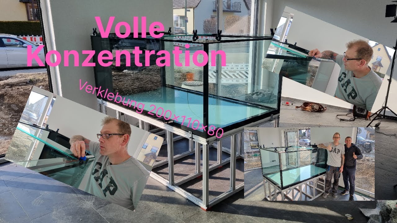 Volle Konzentration bei der Vorort Verklebung vom 200x110x80 Aquarium