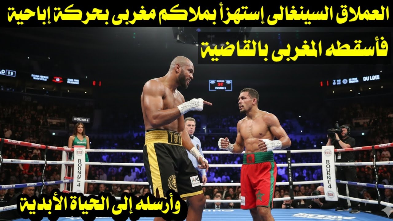 العملاق السينغالى إستهزأ بملاكم مغربى بحركة إباحية فأسقطه المغربى بالقاضية وأرسله إلى الحياة الأبدية
