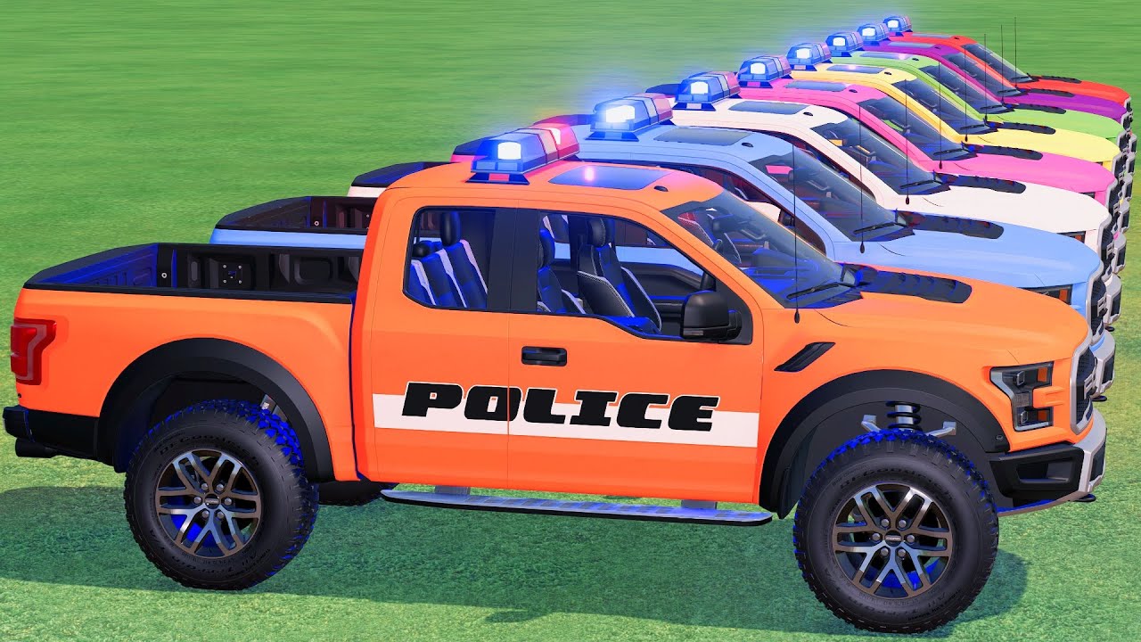 GO! POLICE CARS, AMBULANCE, FIRE TRUCK, COLORFUL CARS WITH TRUCK & TRAIN FARMING SIMULATOR 22! #100