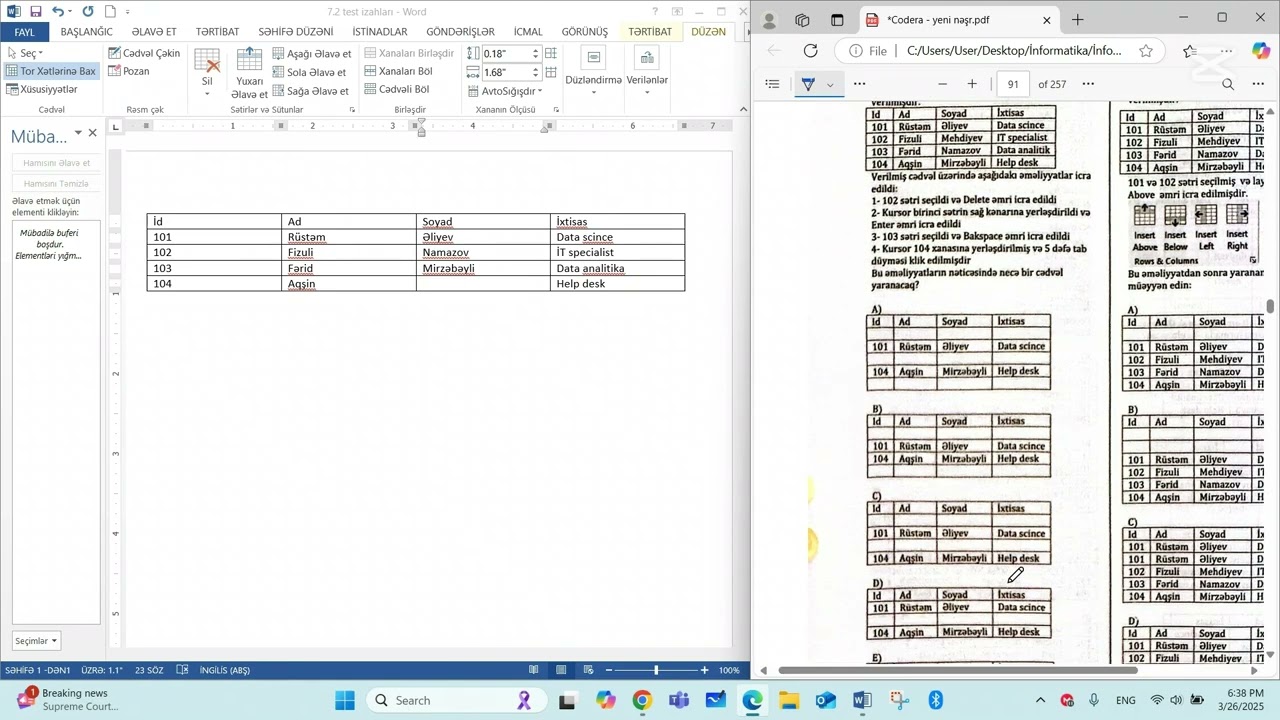 Codera 7.2 Mətn redaktorunda cədvəllər testlərin izahı #informatika #abituriyent #word #blokimtahanı
