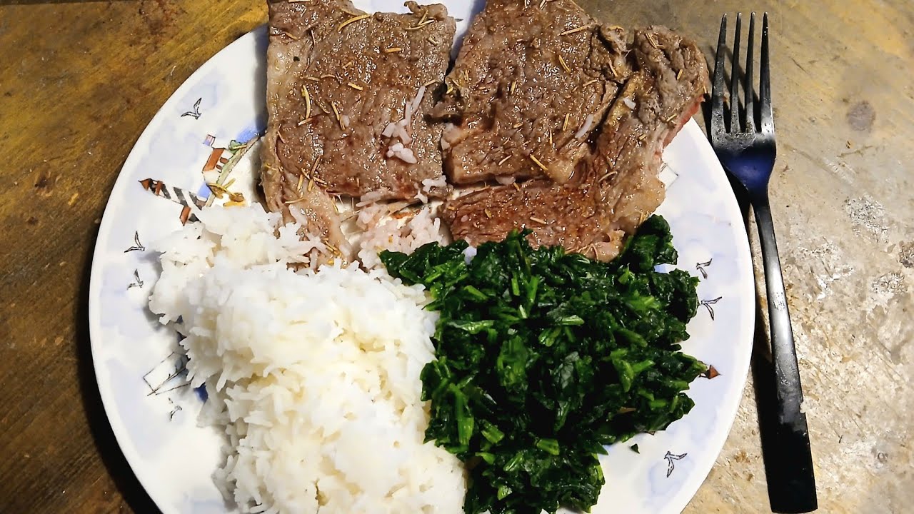 Angus beef Steak with Rice And Spinach for dinner