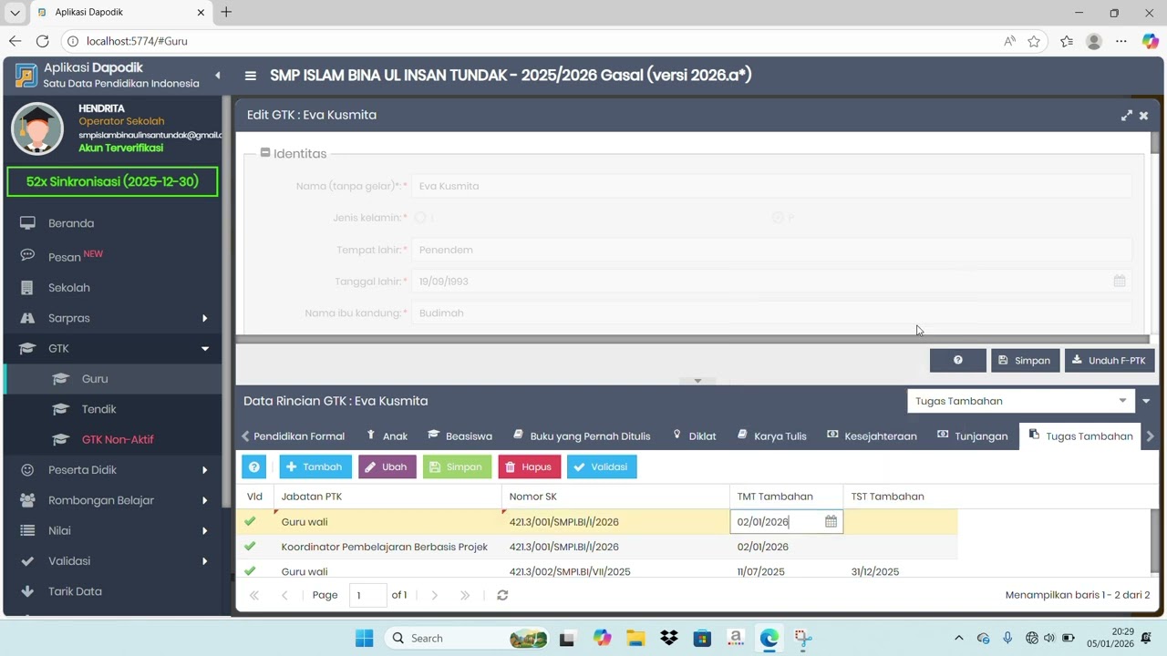 CARA INFUT GURU WALI DI DAPODIK BIAR VALID DI INFO GTK SEBAGAI TUGAS TAMBAHAN GURU SERDIK