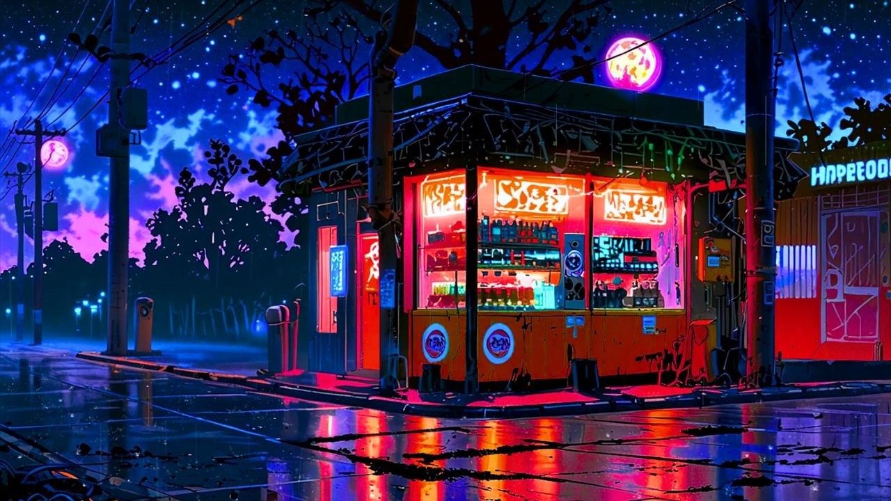 Moonlight Above, Neon Below, and Rain Holding Everything in Between