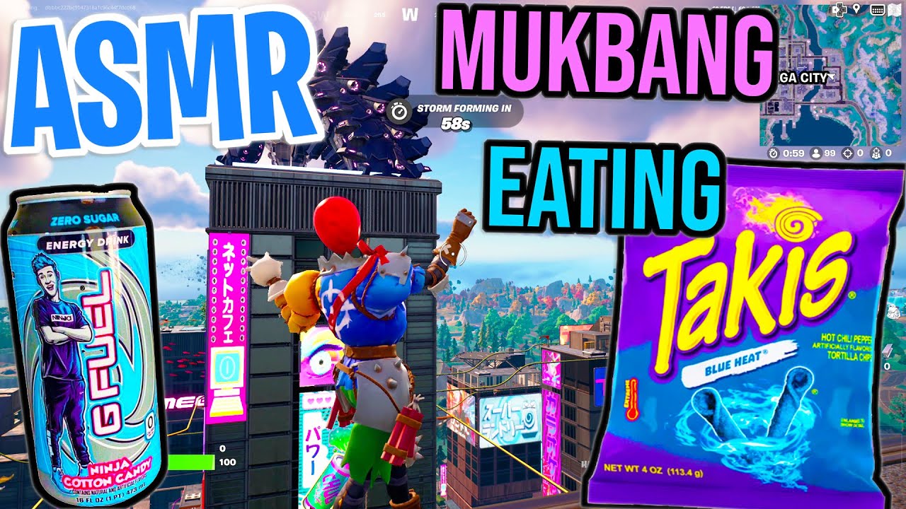 ASMR Gaming Mukbang 😋 Fortnite Blue Takis and Cotton Candy G Fuel Eating and Spectating 🎮🎧 Whispers💤