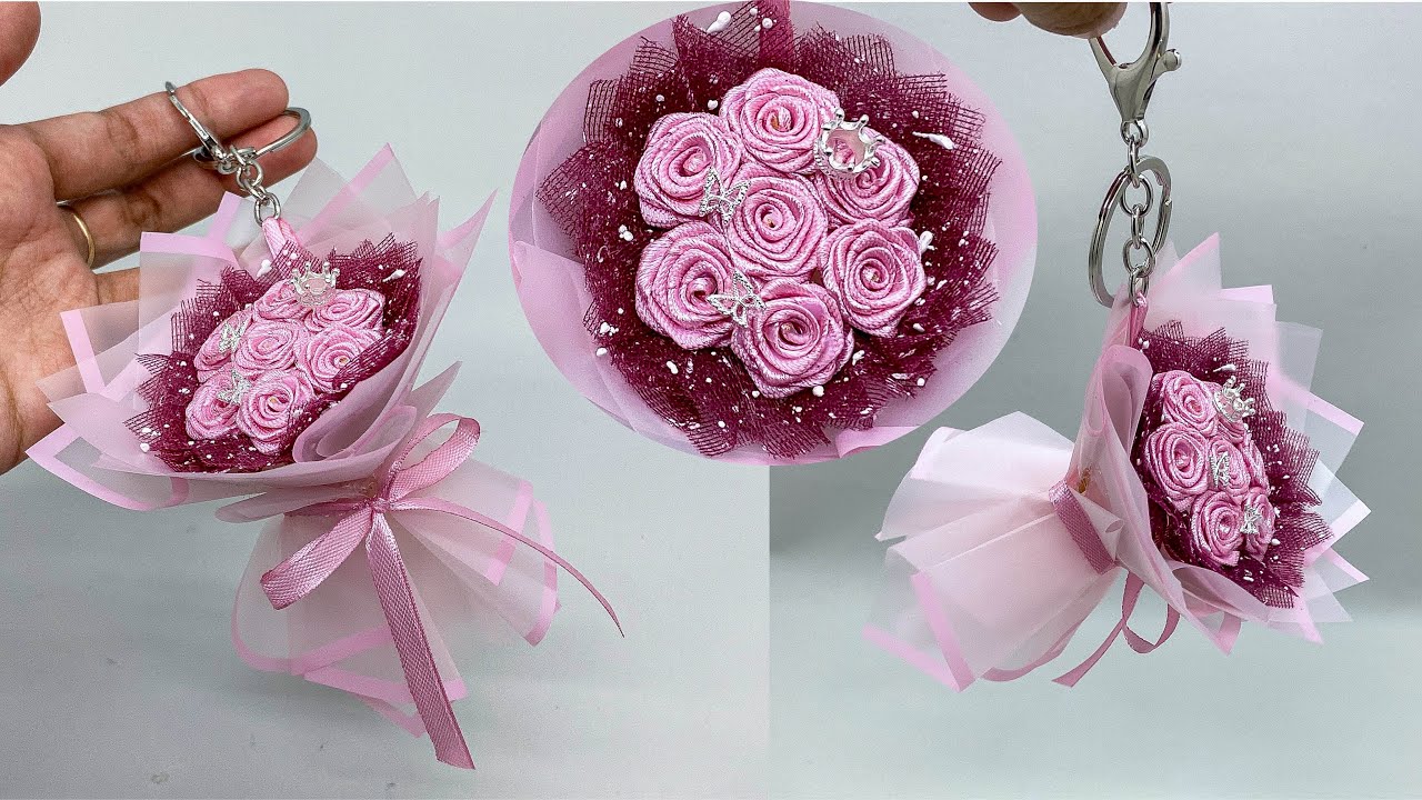 DIY | Cara Buat Gantungan Kunci Buket Bunga Mawar Mini Dari Pita Satin | DIY Mini Bouquet Keychain