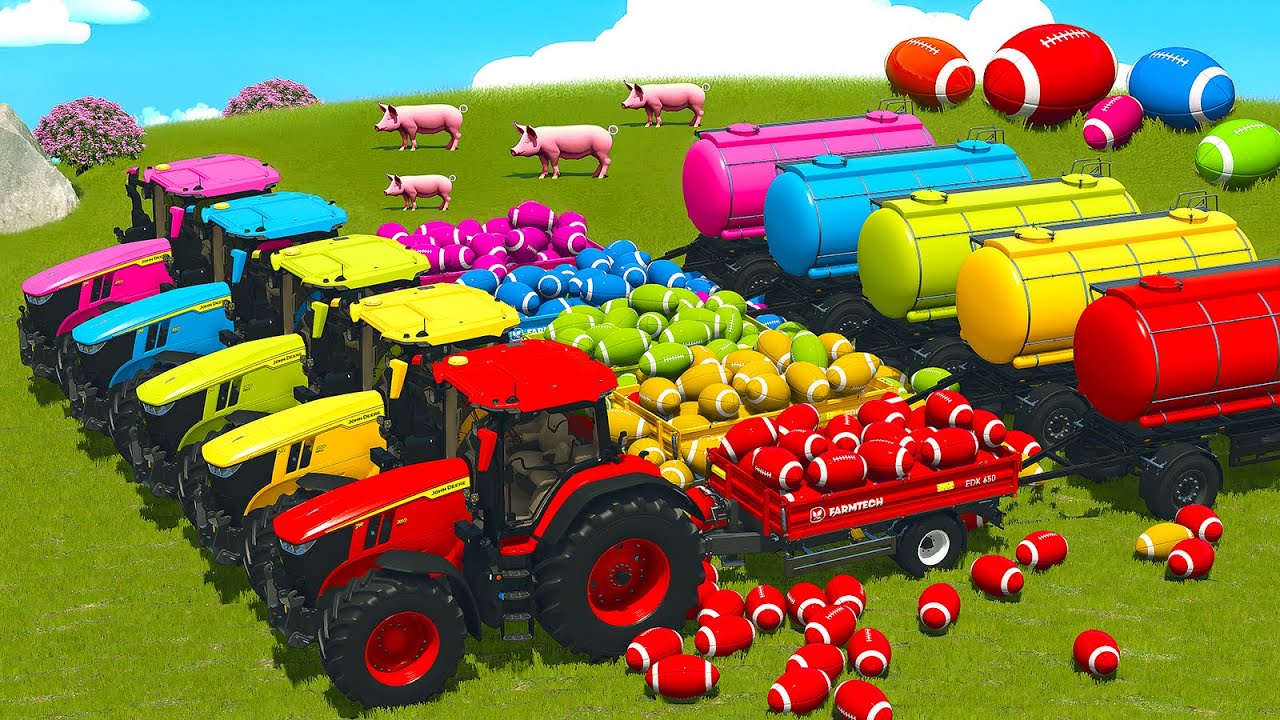 LOAD AND TRANSPORT RUGBY BALLS WITH JOHN DEERE TRACTORS - Farming Simulator 25