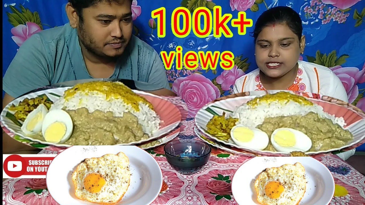 Eating challenge with aloo posto, egg poach, egg boiled, daal and rice