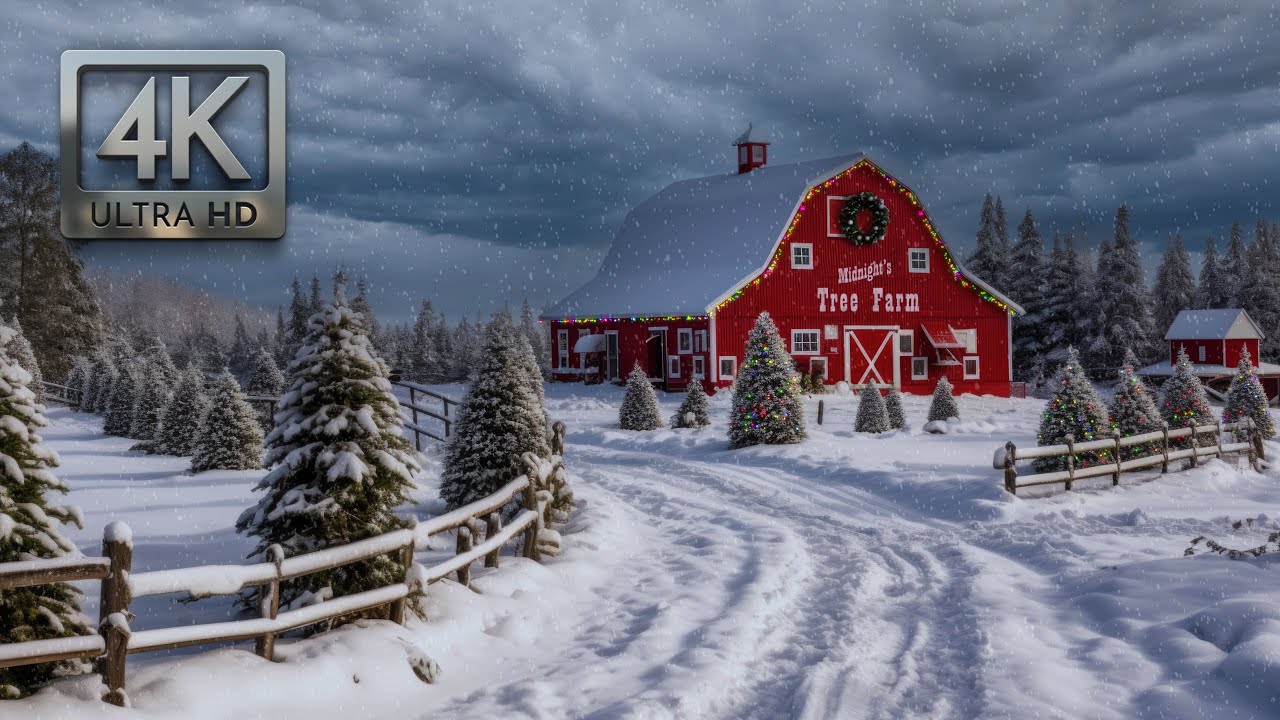 Tree Farm Christmas Ambience, Christmas Background, Winter Scenery, Snow Falling & White Noise