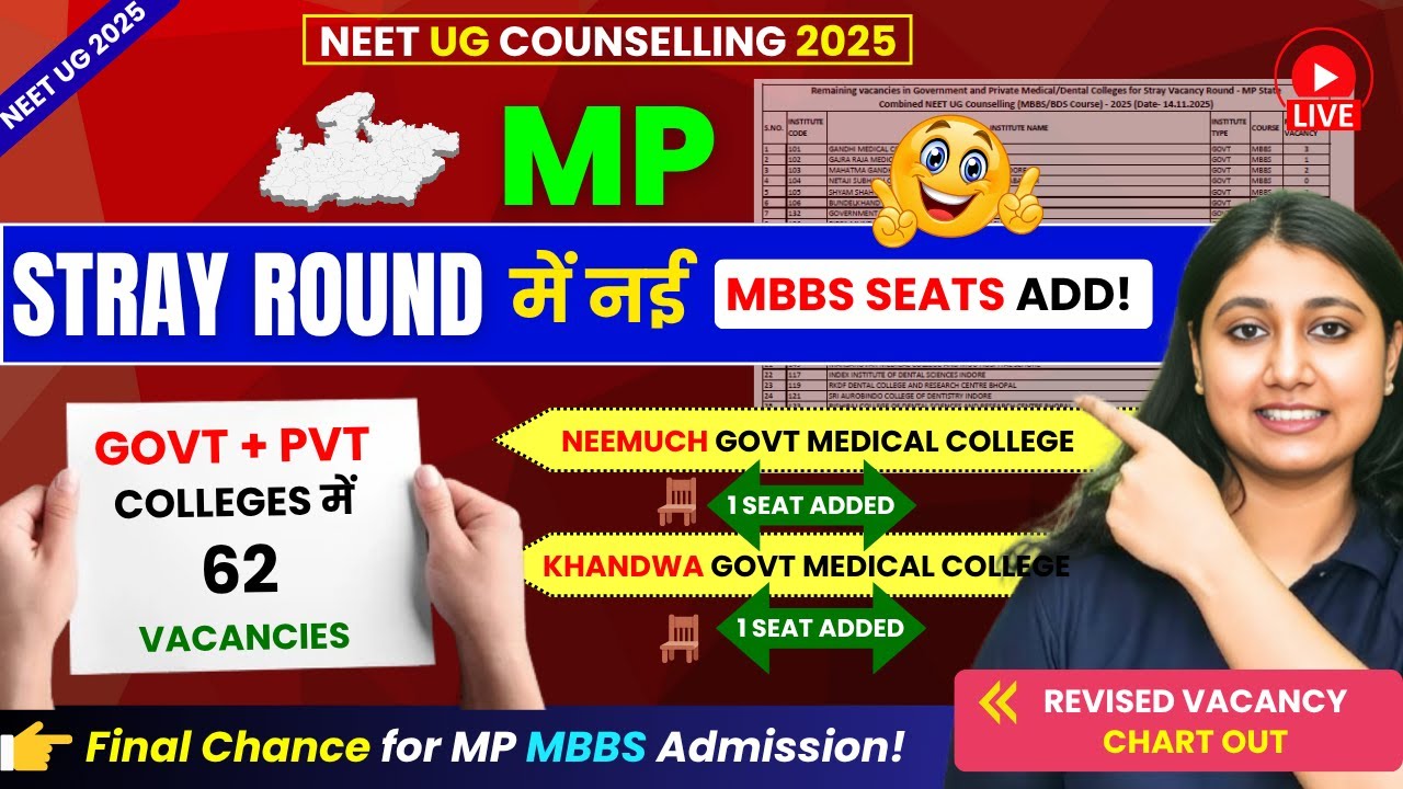 MP NEET UG 2025: Madhya Pradesh Stray Vacancy Round Seat Matrix Released |Vacant Seat List Announced