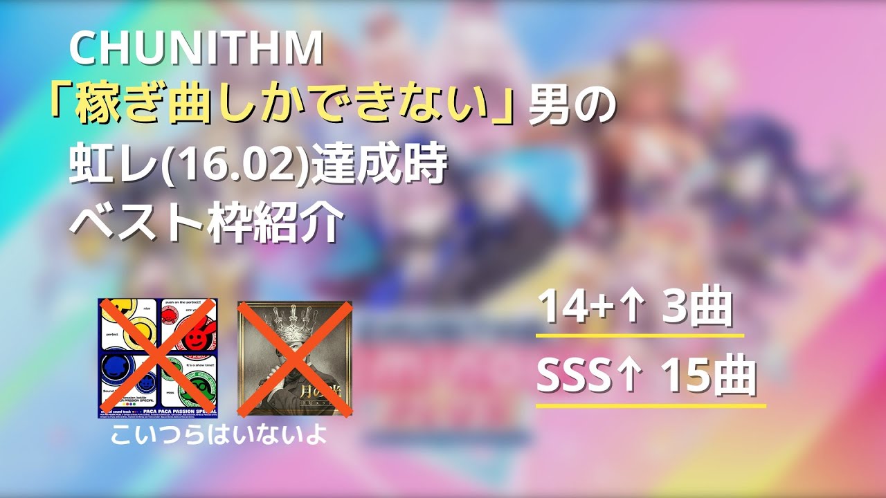 【CHUNITHM】稼ぎ曲しかできない男の虹レ(16.02)達成時ベスト枠紹介