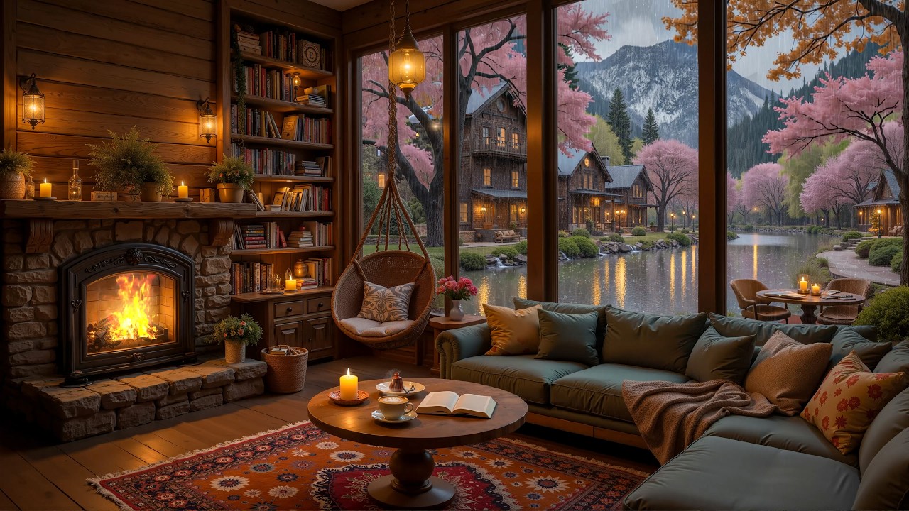 Rainy Spring Coffee Shop 🌧️ Soft Jazz Piano, Rain Sounds & Fireplace Ambience for Study & Focus