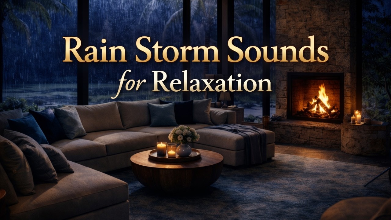 Heavy Ocean Rain Storm Thunder Lightning Fireplace 🌧️🔥 Deep Sleeping Reading Sleep Sounds Relaxation
