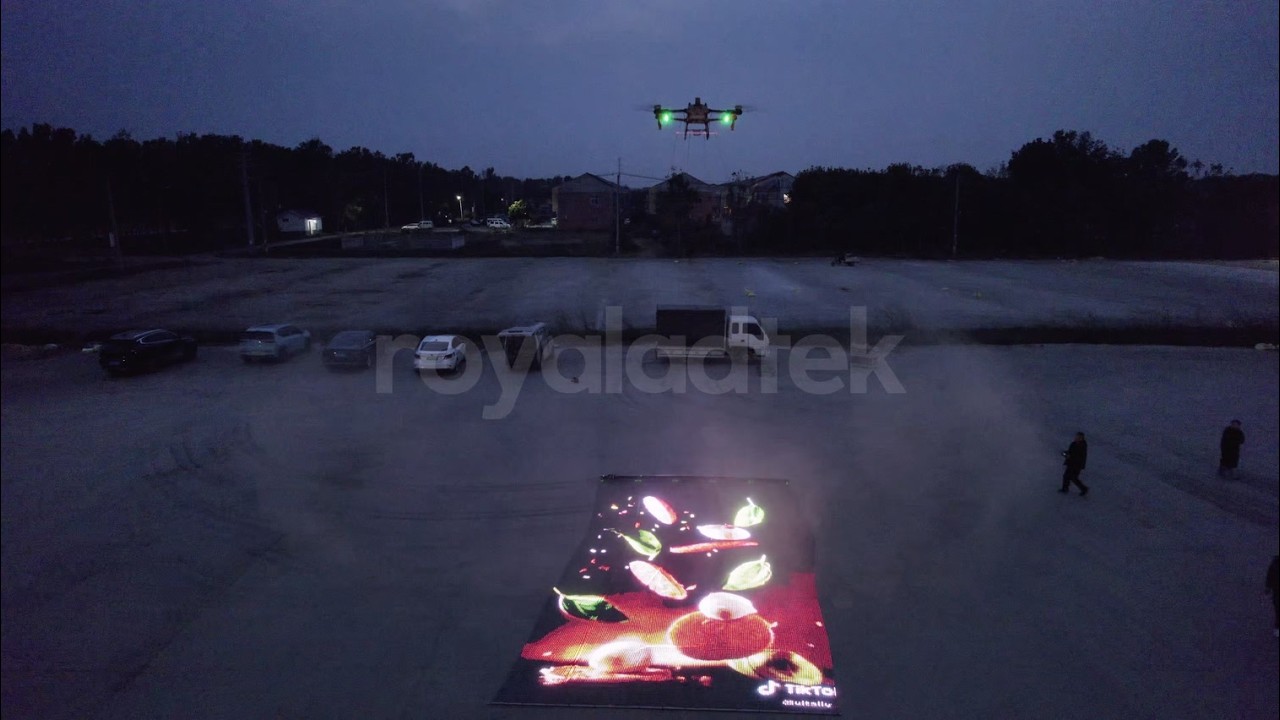 P25 5x10M Drone Flying LED Mesh Screen Test | 80,000 high-brightness RGB LEDs Display by Royaladtek