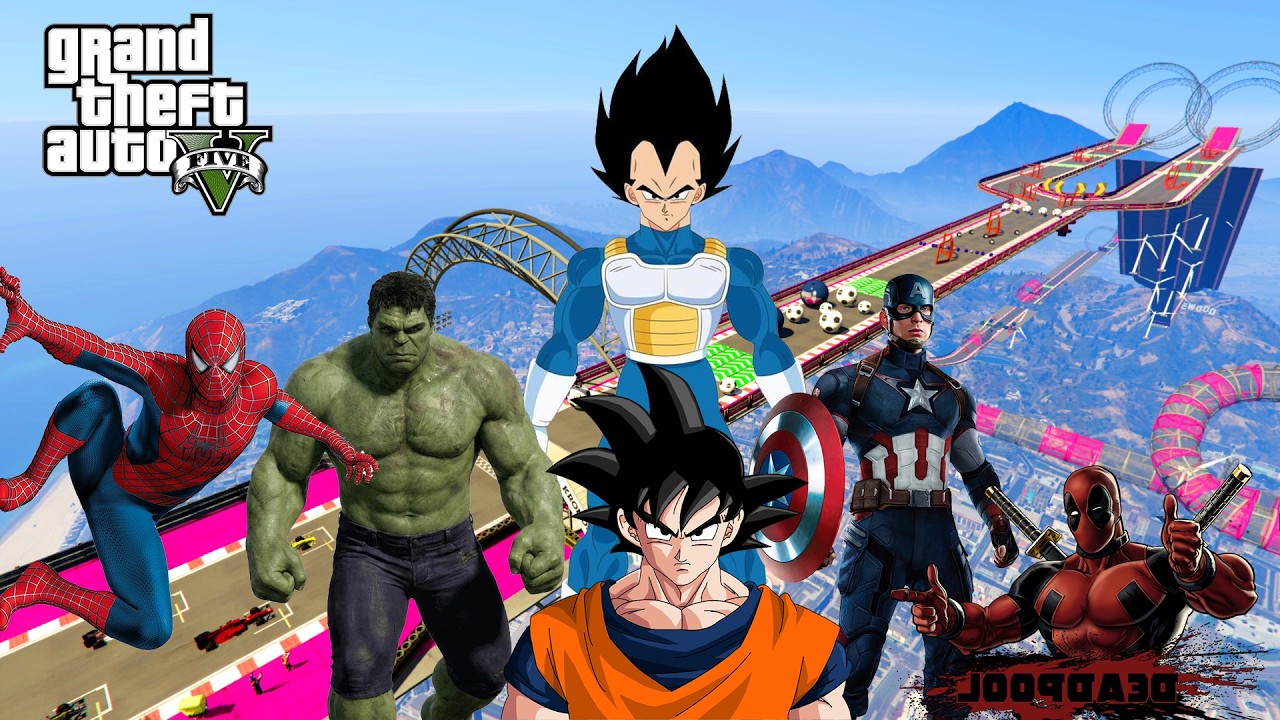 gta5 spiderman mega ramp stunt jump with superheros #gta #gtav #gaming #gta5 #spiderman #hulk #goku