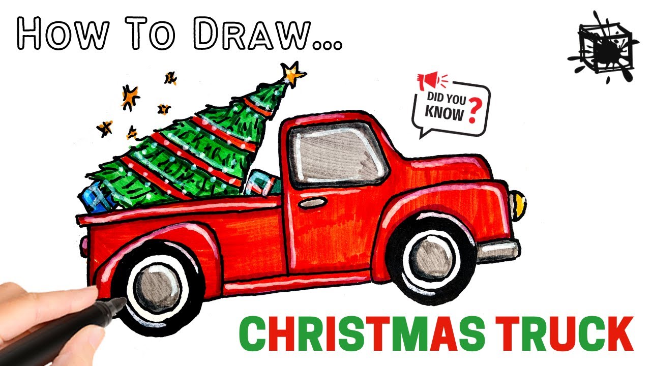HOW TO DRAW A RED CHRISTMAS TRUCK WITH TREE // step by step for kids