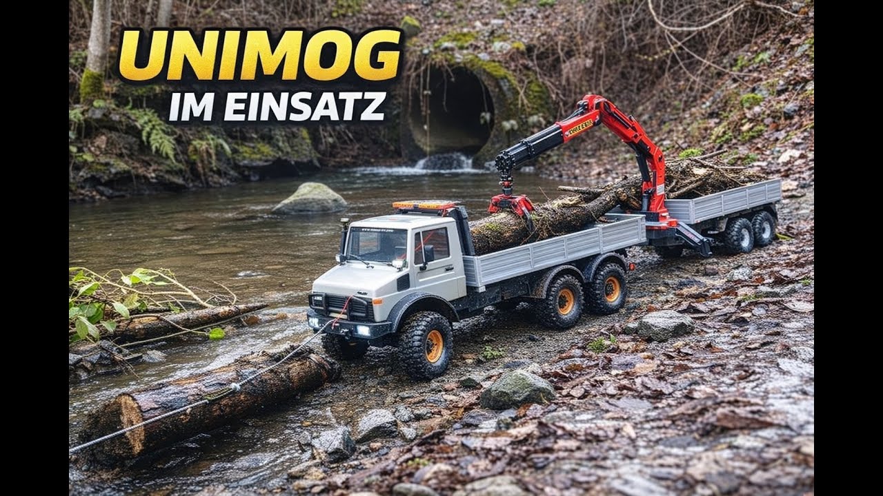 Unimog im Einsatz am Stauwehr, Bergung von Treibgut mit Seilwinde & Kran