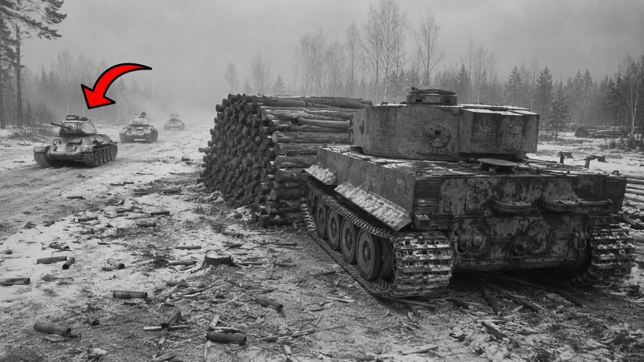 23 T-34 rollten durch das S&auml;gewerk &mdash; der Tiger wartete hinter den Baumst&auml;mmen still