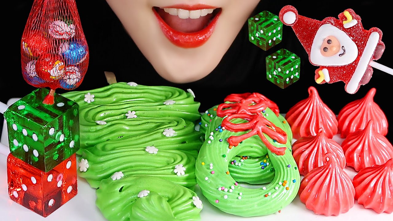 CHRISTMAS FOOD ASMR GREEN&RED FOOD, MERINGUE ASMR DICE CANDY ASMR