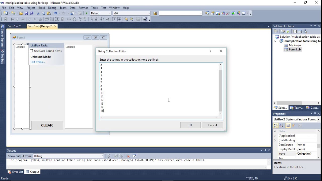Simplest way to make Multiplication table using for loop and listbox vb .net 2010 (#2 SeRue tuts)