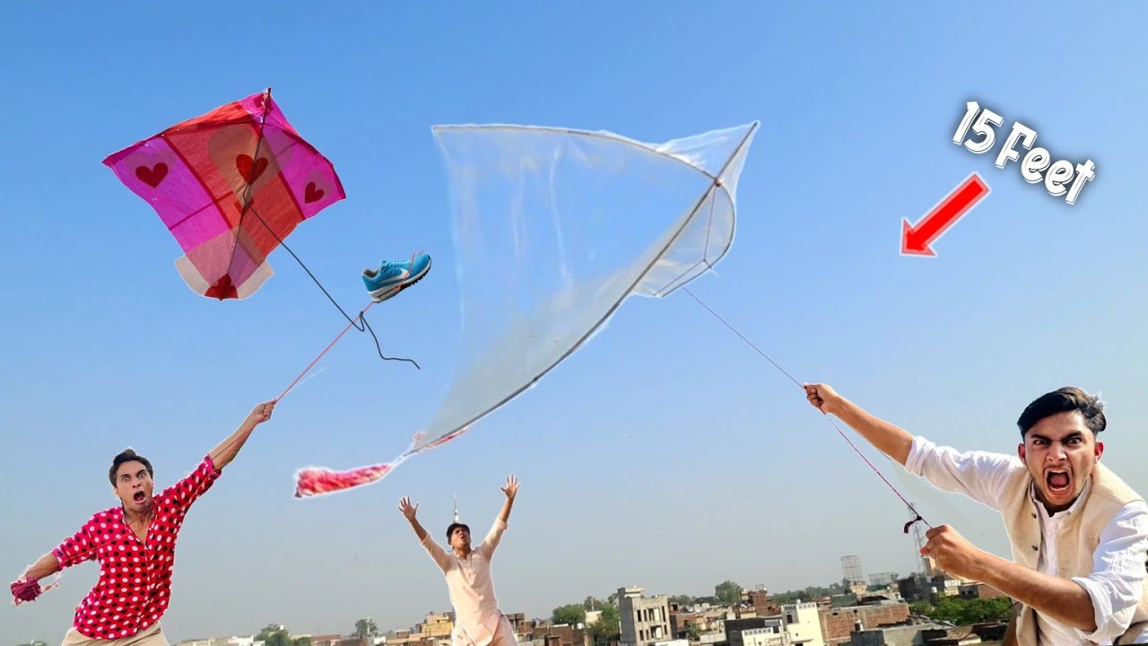 Big Plasticbag Kite Flying Umer Vs Colorful Gudda Catch Long Stick 