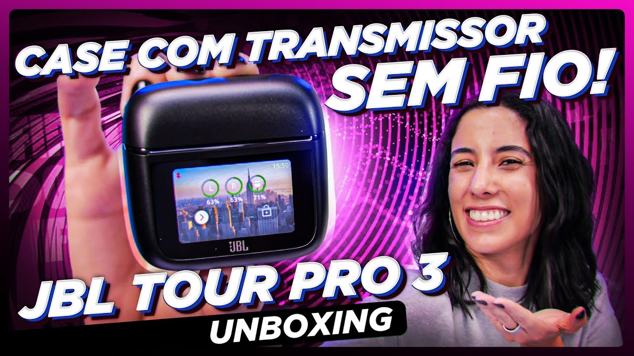 FONE COM TELA e TRANSMISSOR SEM FIO no CASE: JBL TOUR PRO 3