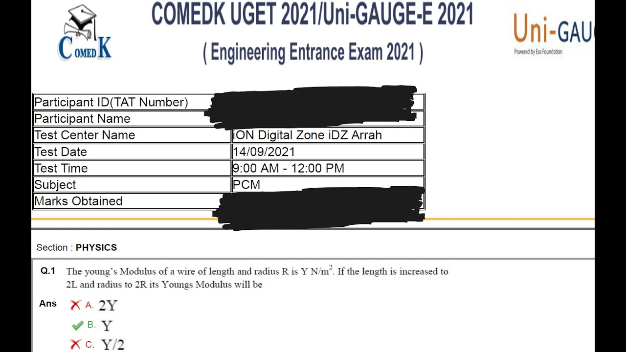 Comedk 2021 Physics Paper With Answers Shift 1 st